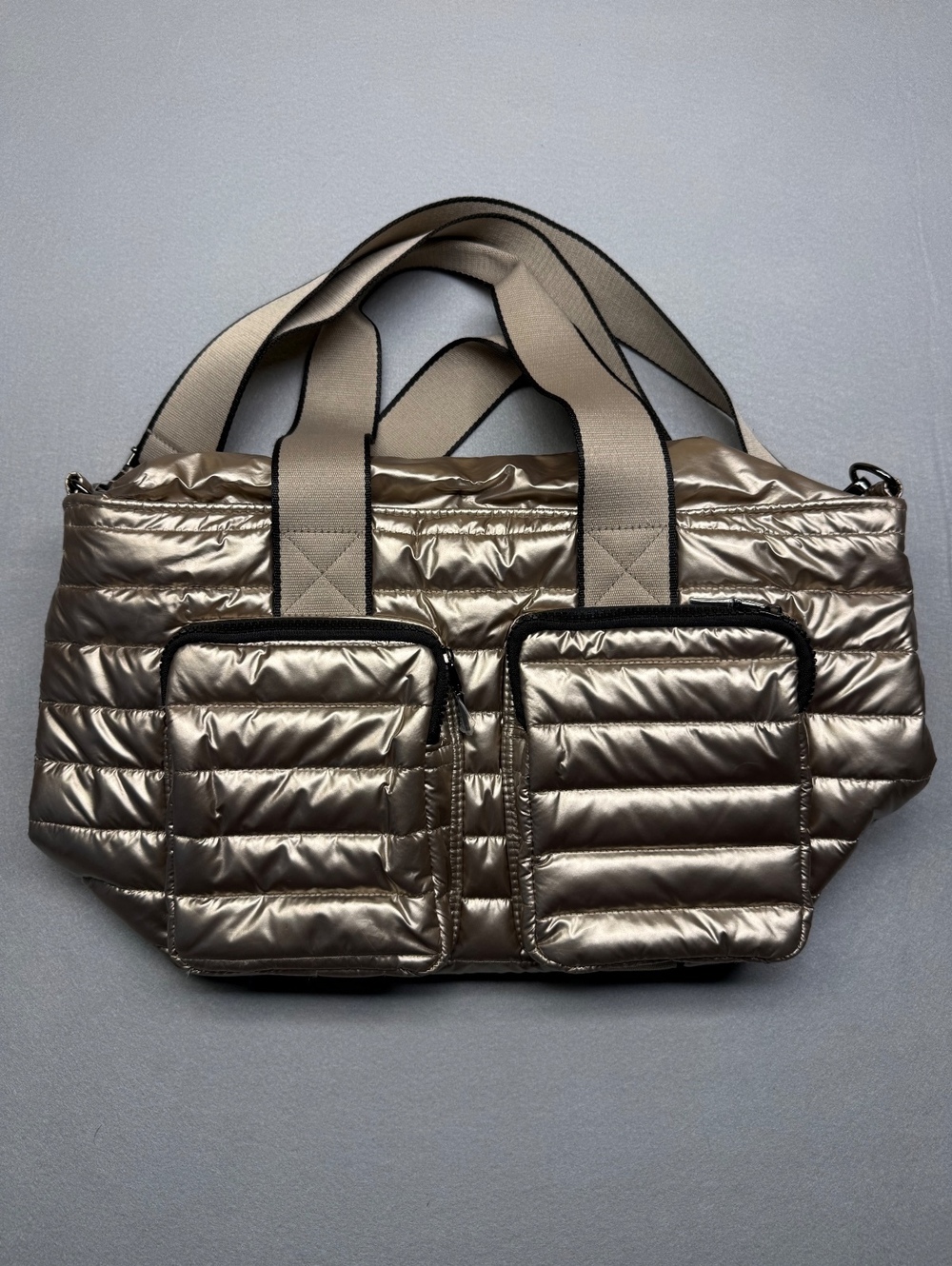 Think Royln Metallic Quilted Tote Bag Beige